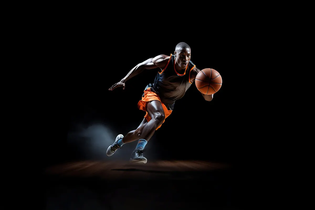 A basketball player driving with the ball against a dark background