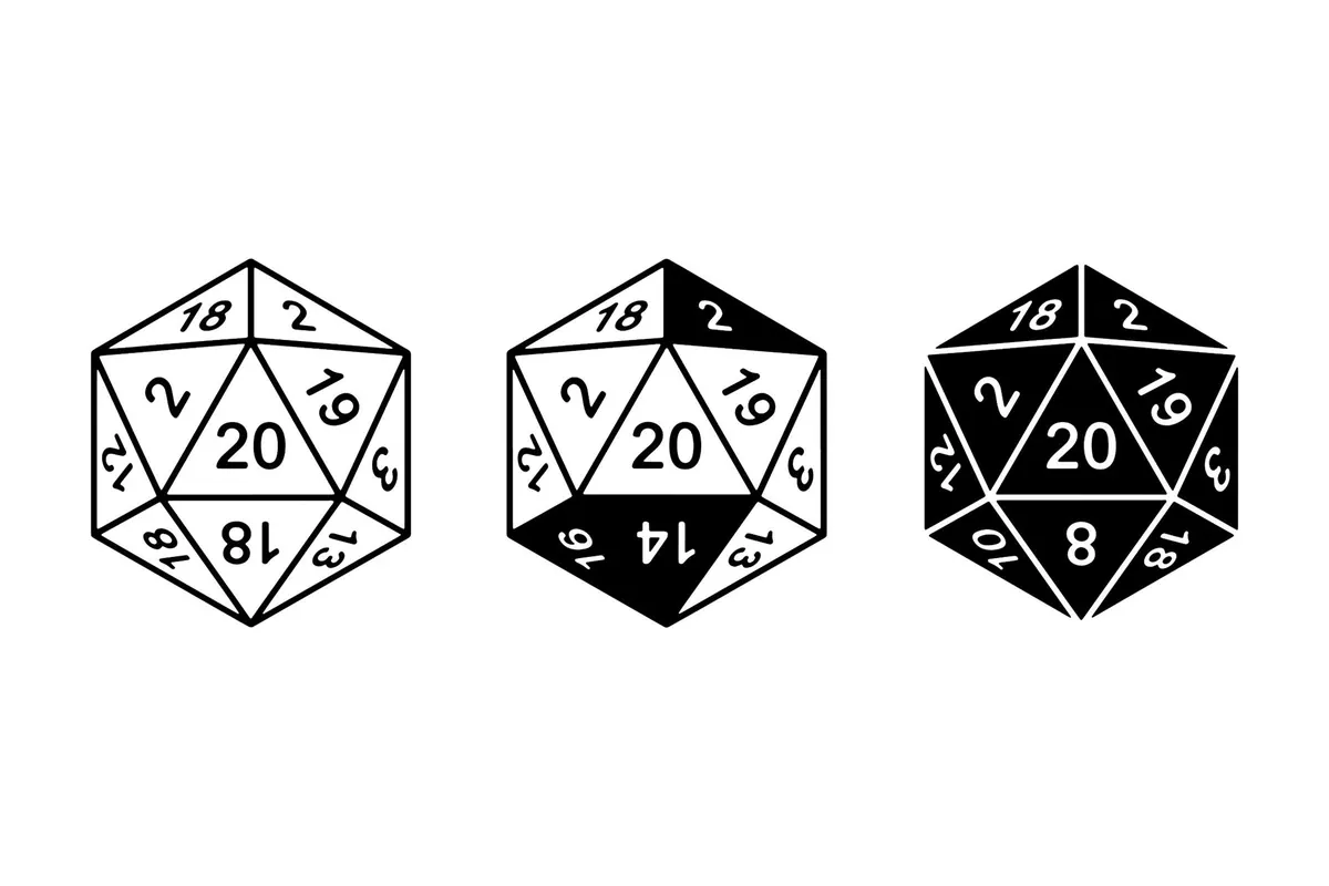Three twenty-sided dice, one white, one half black and one black