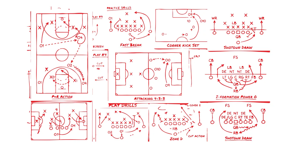Hand-drawn plays for basketball, soccer and football