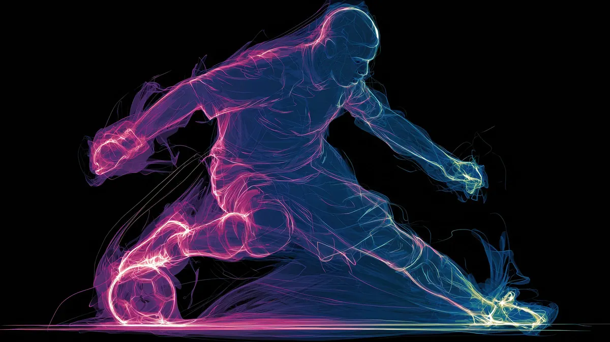 A soccer player striking the ball, drawn in glowing light
