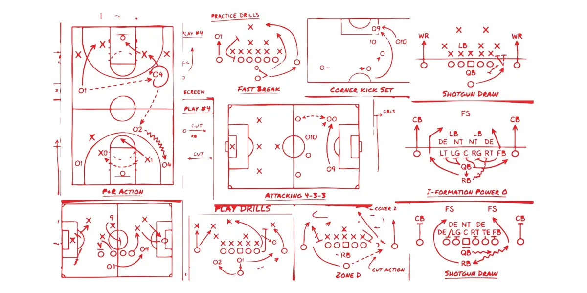 Hand-drawn play diagrams for basketball, soccer and American football